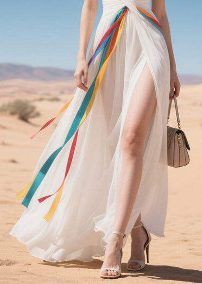 French White Exra Large Hem Side Open Chiffon Vestidos Dress Summer