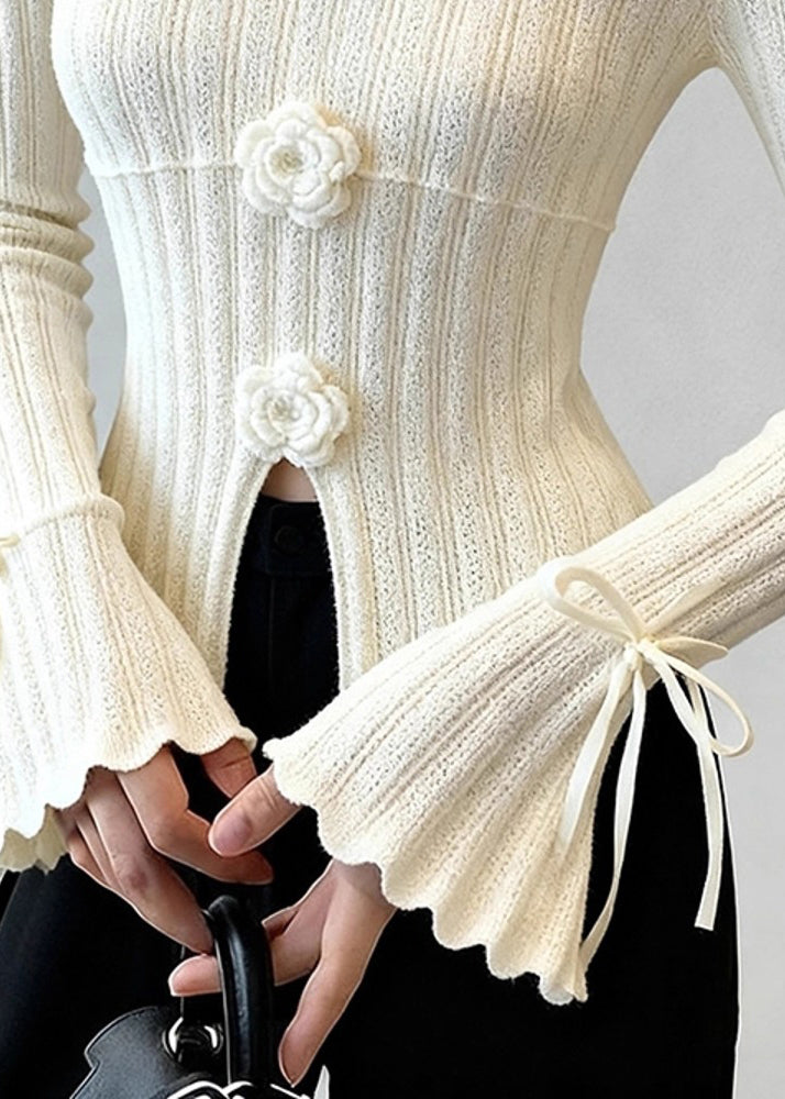 French White Floral Patchwork Thin Knit Top Flare Sleeve