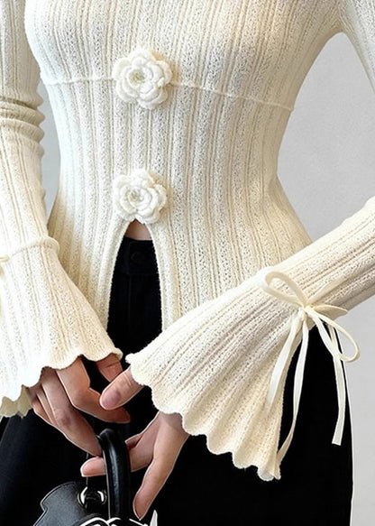 French White Floral Patchwork Thin Knit Top Flare Sleeve