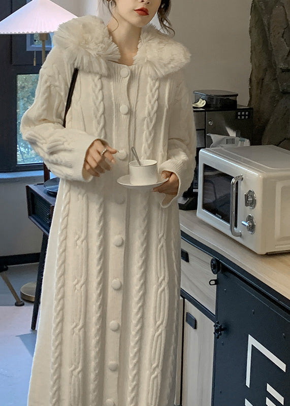 French White Fur Collar Patchwork Knitted Sweaters Dress Spring