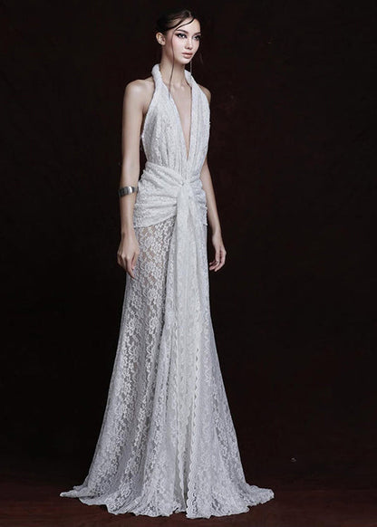 French White Halter Side Open Lace Party Dresses Summer