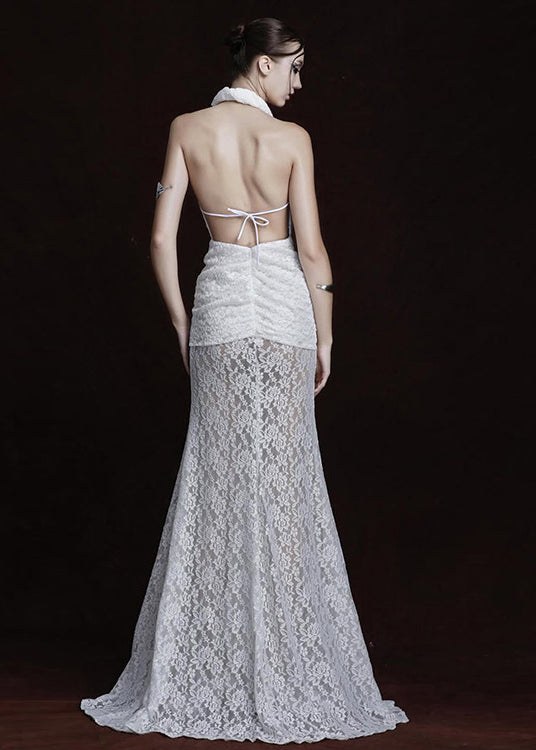 French White Halter Side Open Lace Party Dresses Summer