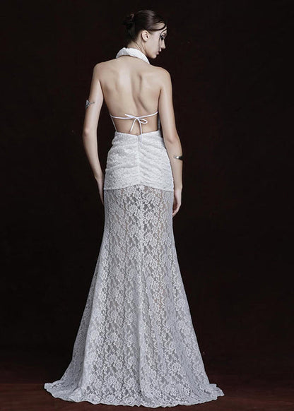 French White Halter Side Open Lace Party Dresses Summer