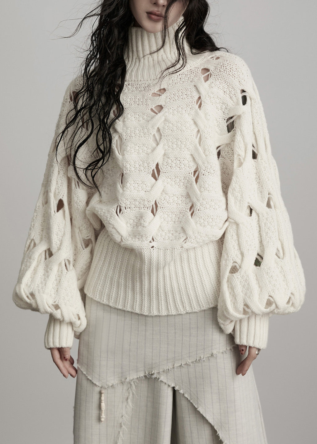 French White Hign Neck Hollow Out Woolen Sweater Winter