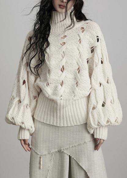 French White Hign Neck Hollow Out Woolen Sweater Winter