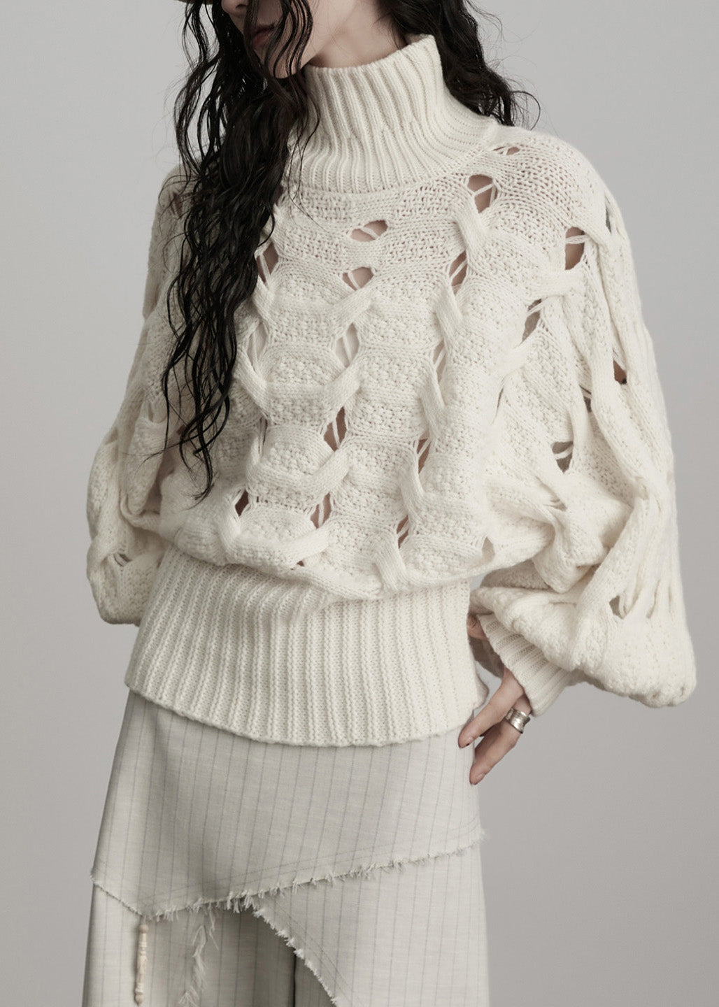 French White Hign Neck Hollow Out Woolen Sweater Winter