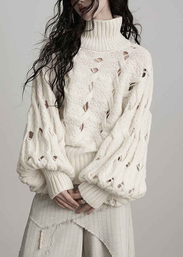 French White Hign Neck Hollow Out Woolen Sweater Winter
