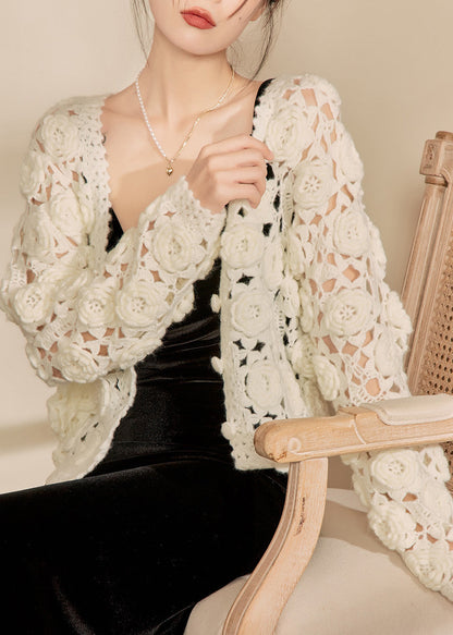French White Hollow Out Cotton Knit Cardigan Spring