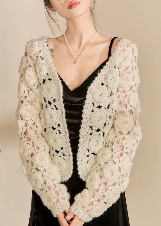 French White Hollow Out Cotton Knit Cardigan Spring