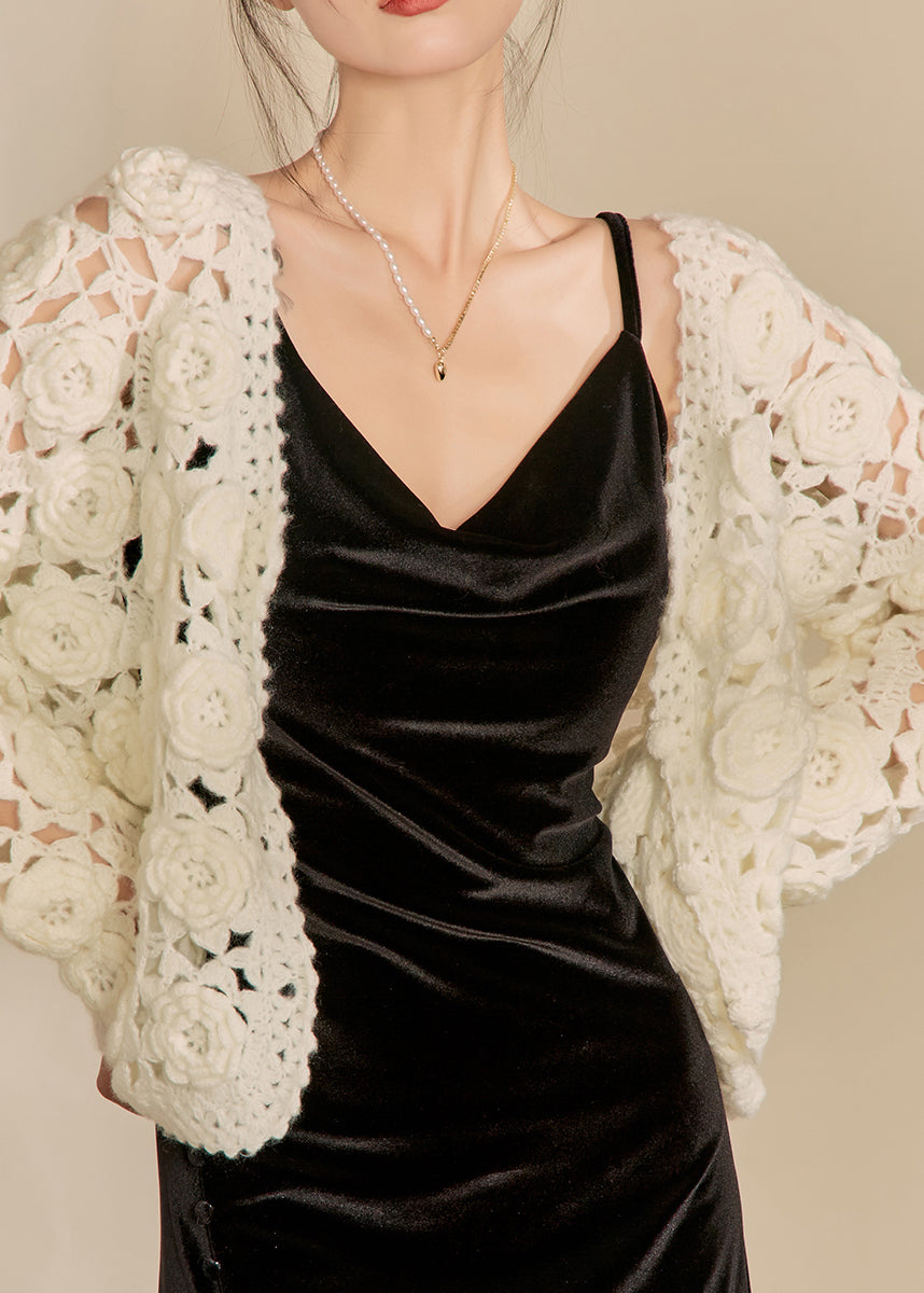 French White Hollow Out Cotton Knit Cardigan Spring