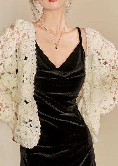 French White Hollow Out Cotton Knit Cardigan Spring