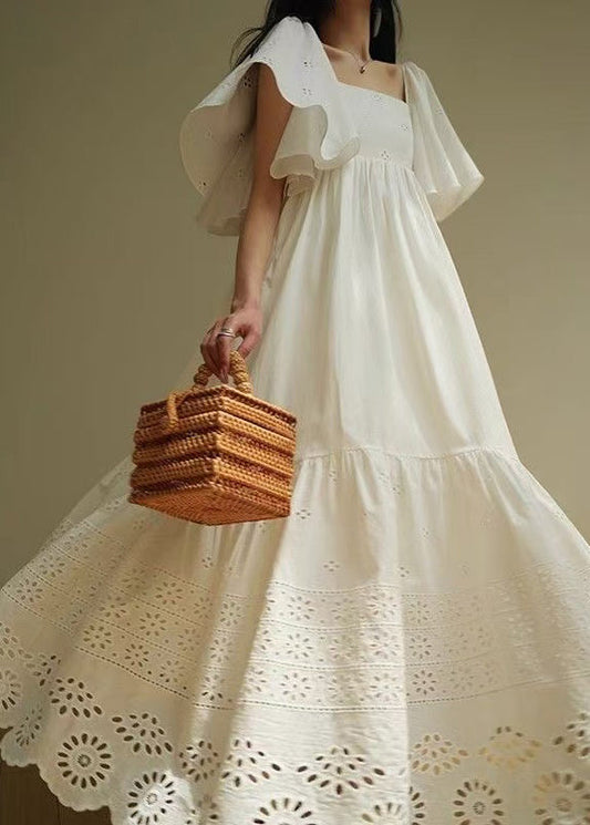 French White Hollow Out Lace Up Cotton Long Dress Summer