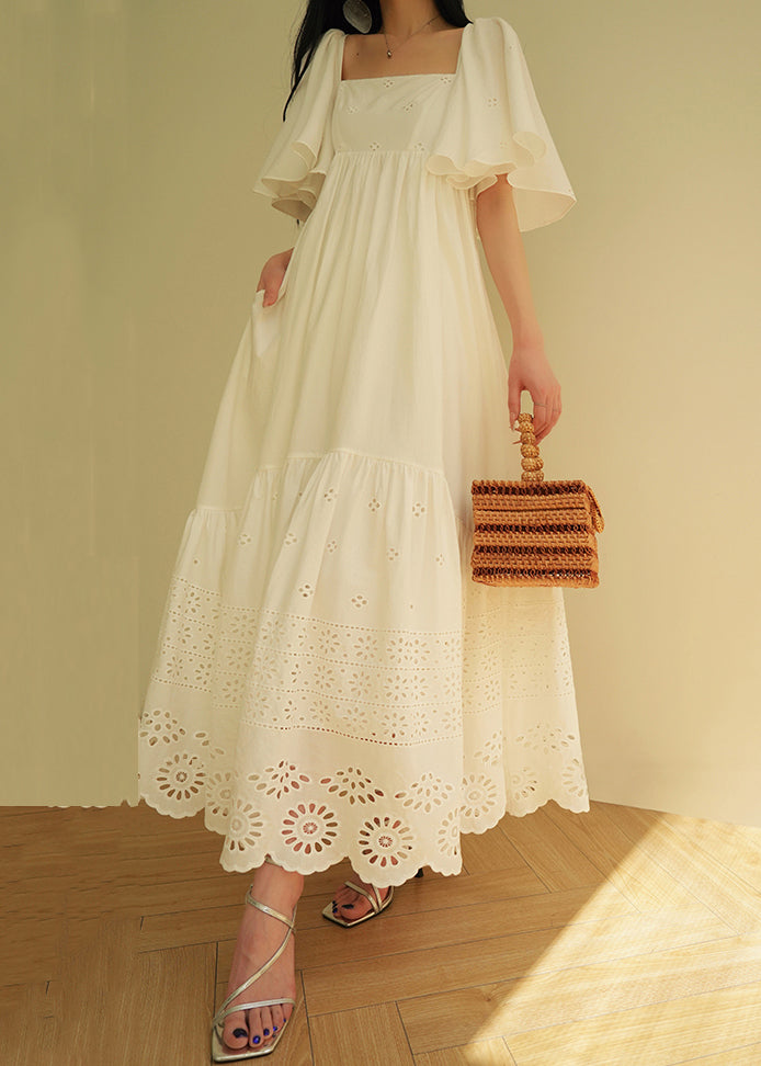 French White Hollow Out Lace Up Cotton Long Dress Summer