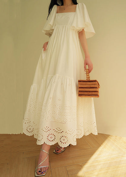 French White Hollow Out Lace Up Cotton Long Dress Summer
