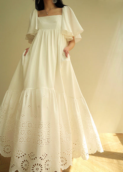 French White Hollow Out Lace Up Cotton Long Dress Summer