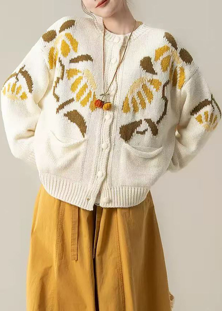French White Jacquard Pockets Knit Cardigan Fall