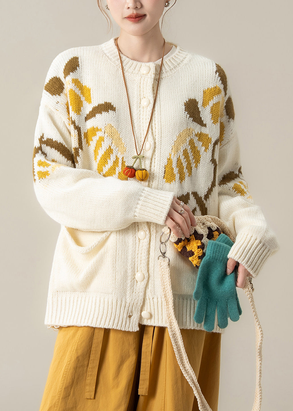 French White Jacquard Pockets Knit Cardigan Fall