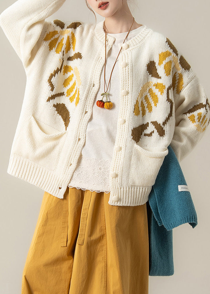 French White Jacquard Pockets Knit Cardigan Fall