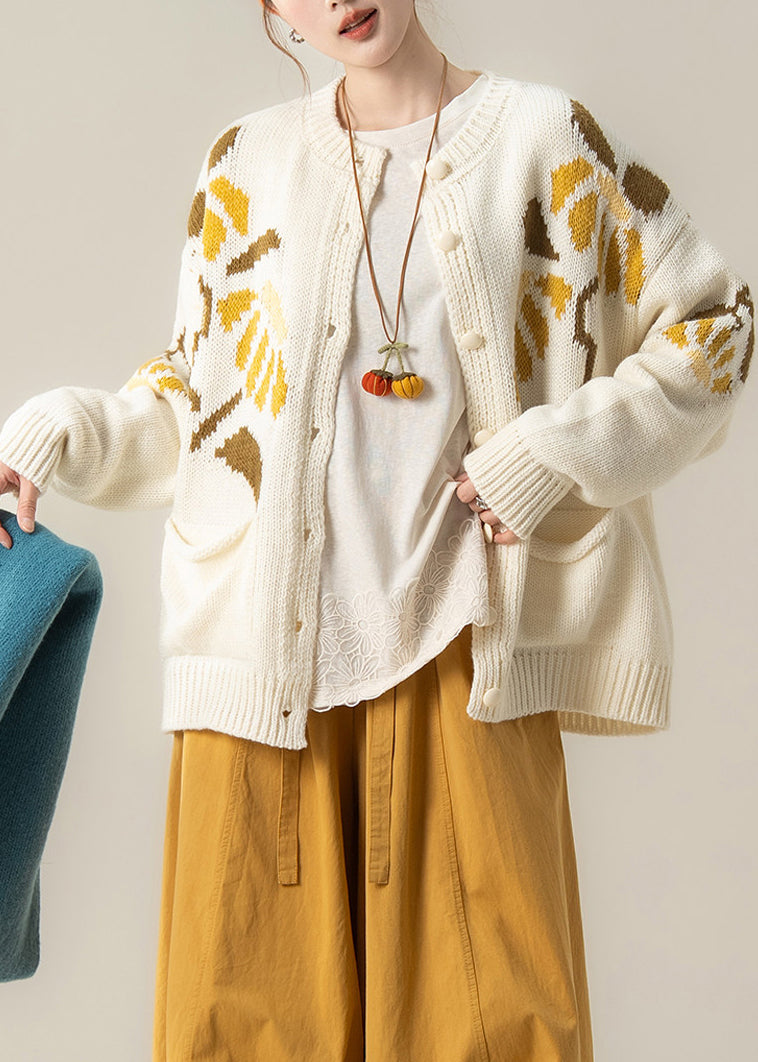 French White Jacquard Pockets Knit Cardigan Fall