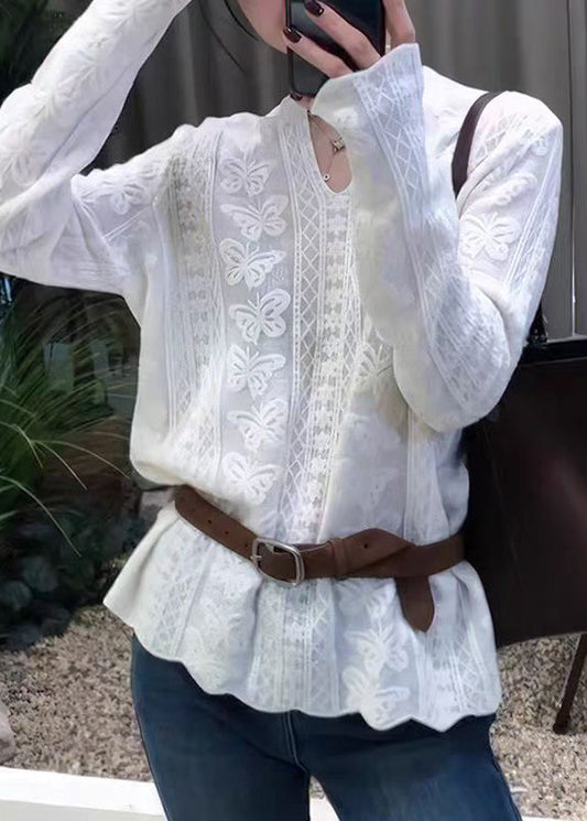 French White Lace Embroidered Patchwork Knit Tops Flare Sleeve