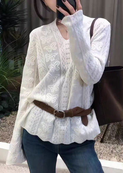 French White Lace Embroidered Patchwork Knit Tops Flare Sleeve