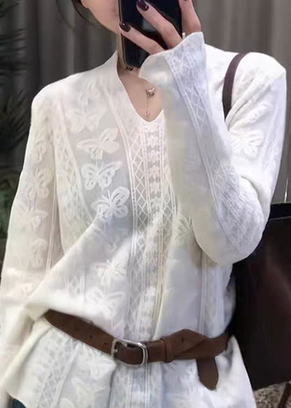 French White Lace Embroidered Patchwork Knit Tops Flare Sleeve