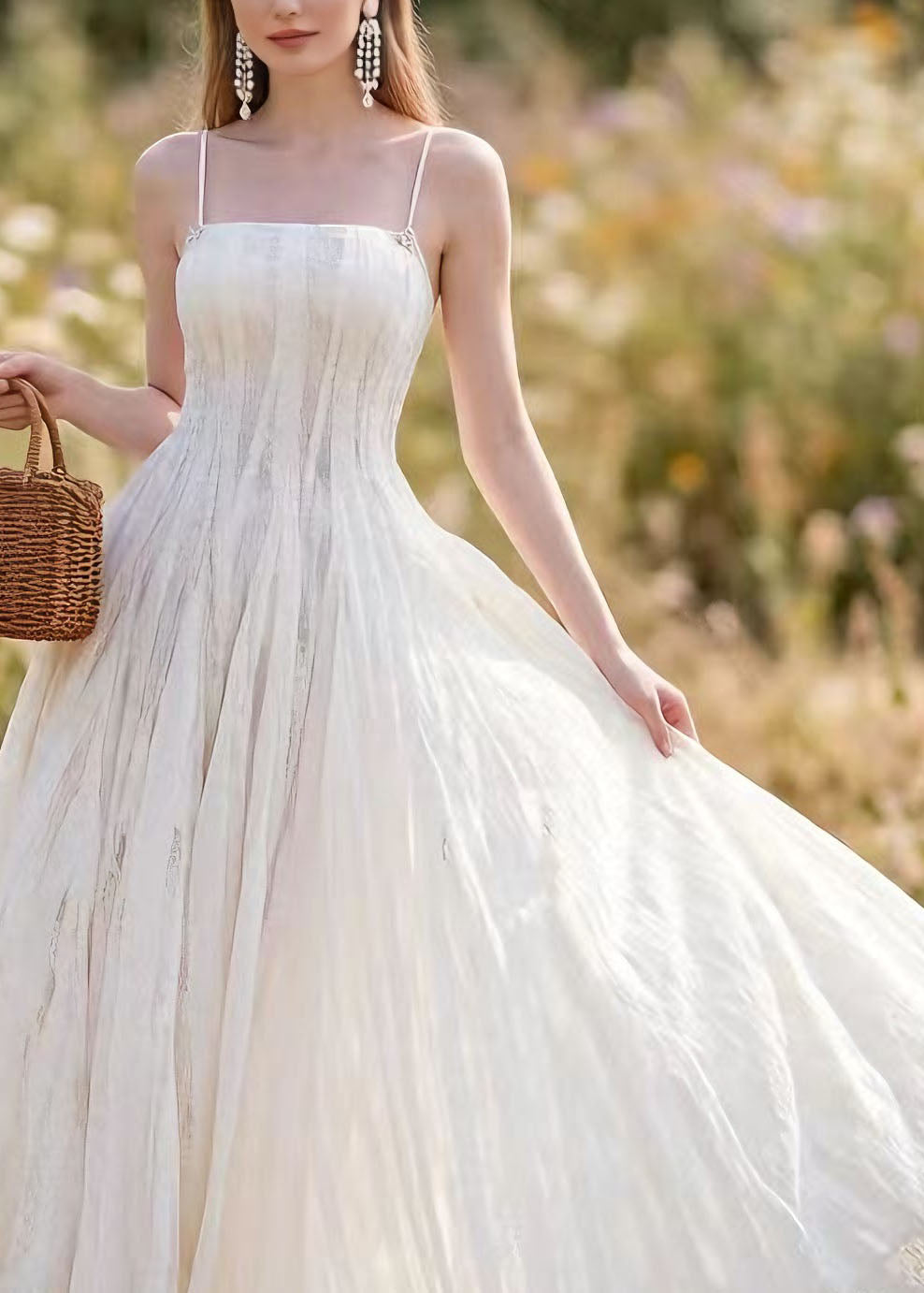 French White Lace Up Spaghetti Strap Summer Dress