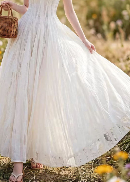 French White Lace Up Spaghetti Strap Summer Dress