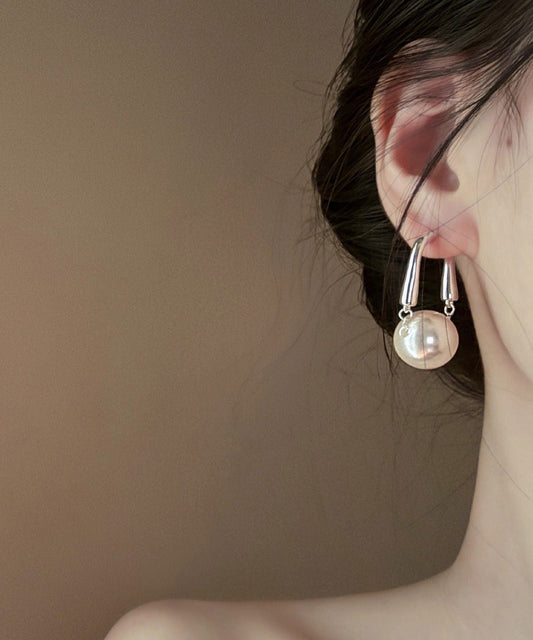 French White Metal Pearl Hoop Earrings