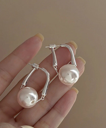 French White Metal Pearl Hoop Earrings