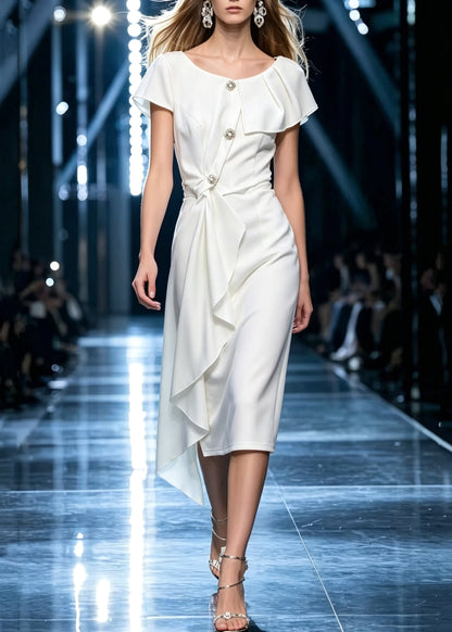 French White O-Neck Asymmetrical Long Dress Summer