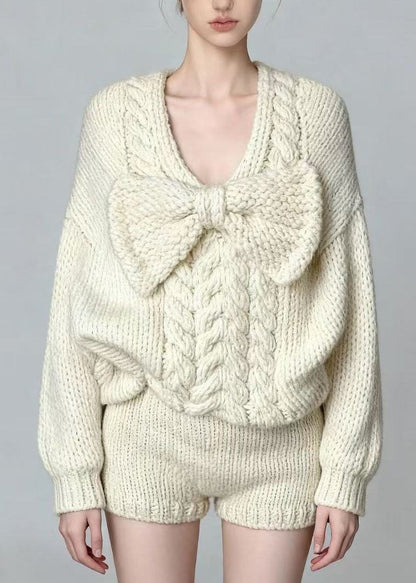French White O Neck Bow Sweaters And Shorts Knit Two Pieces Set Fall