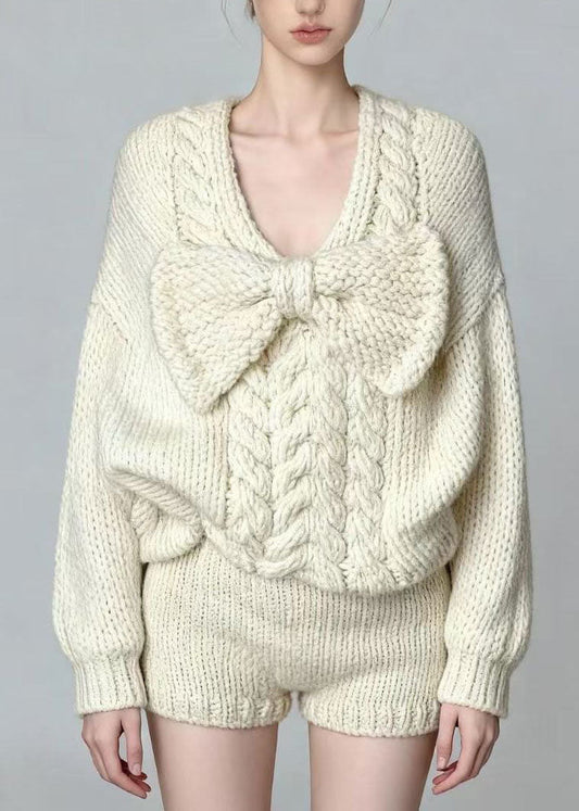 French White O Neck Bow Sweaters And Shorts Knit Two Pieces Set Fall