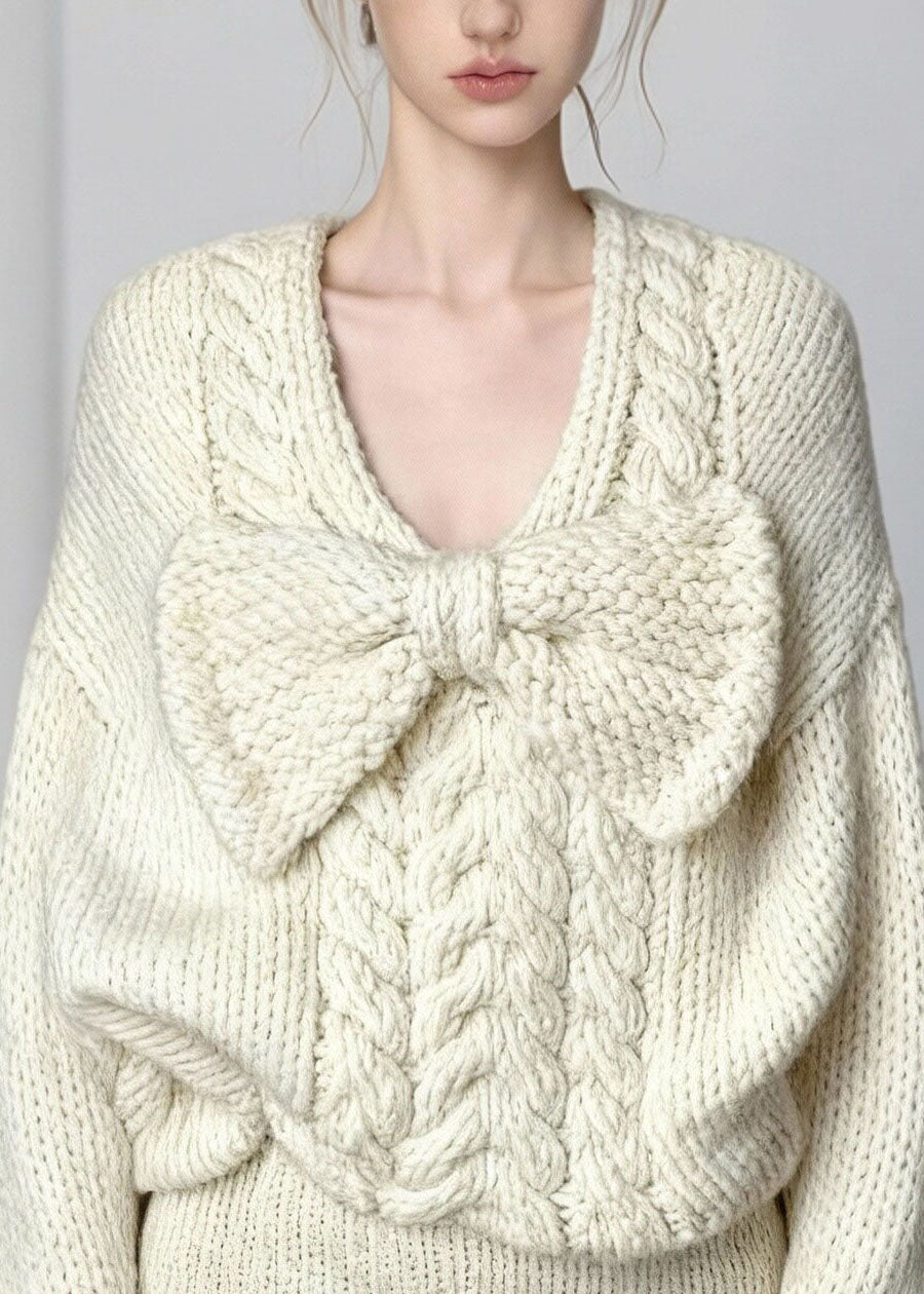 French White O Neck Bow Sweaters And Shorts Knit Two Pieces Set Fall