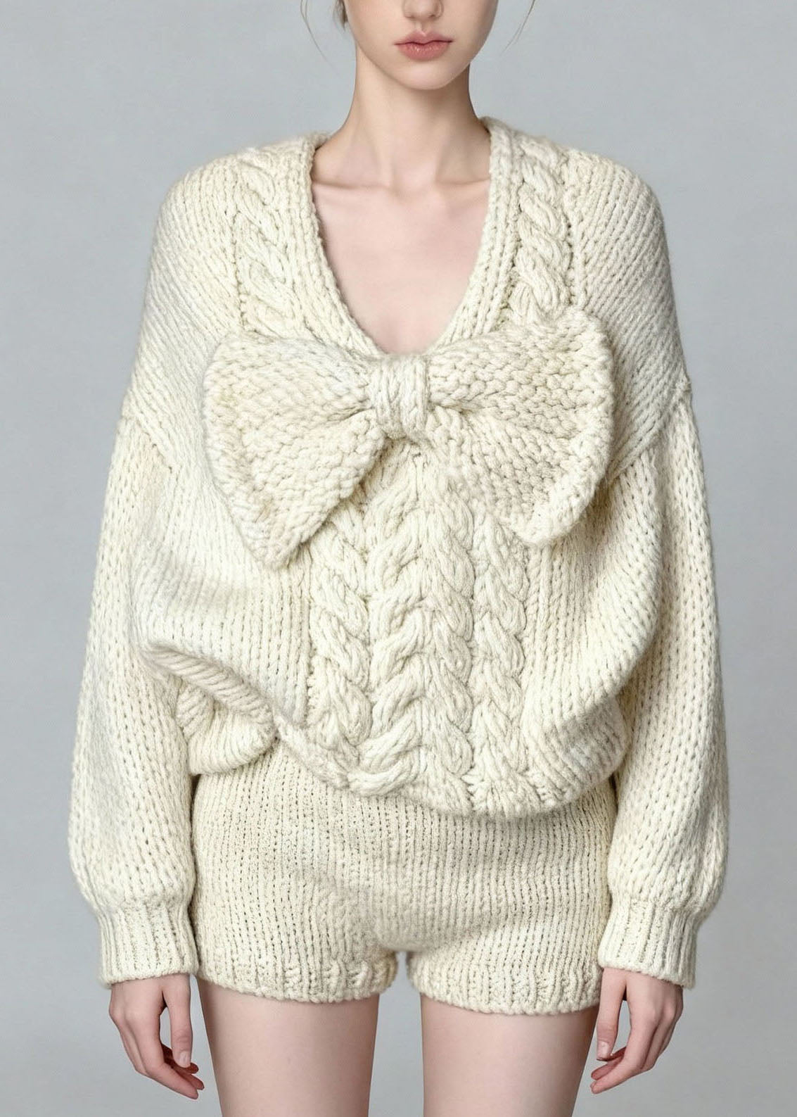 French White O Neck Bow Sweaters And Shorts Knit Two Pieces Set Fall