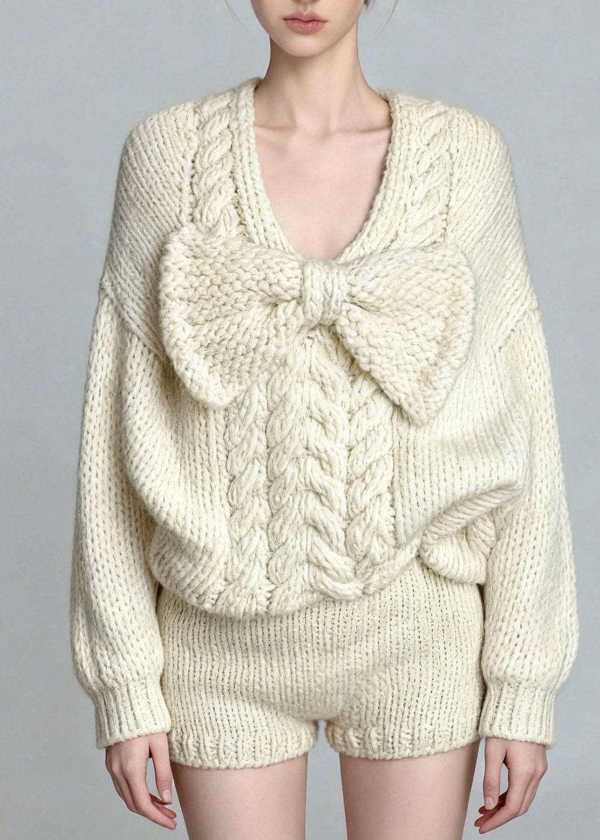 French White O Neck Bow Sweaters And Shorts Knit Two Pieces Set Fall