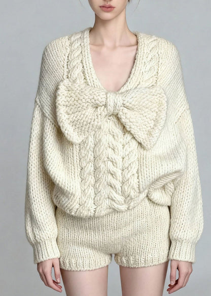 French White O Neck Bow Sweaters And Shorts Knit Two Pieces Set Fall