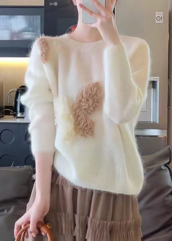 French White O Neck Butterfly Hook Flower Knit Sweaters Fall