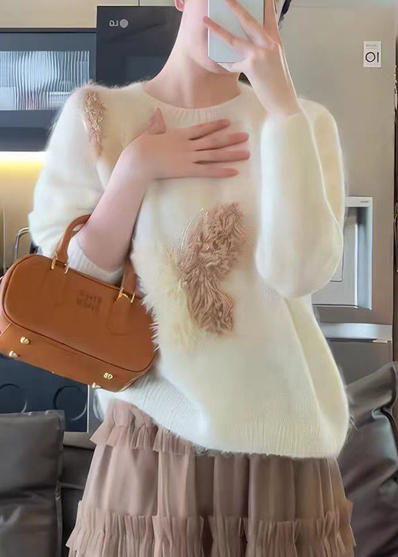 French White O Neck Butterfly Hook Flower Knit Sweaters Fall