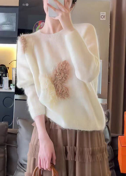 French White O Neck Butterfly Hook Flower Knit Sweaters Fall