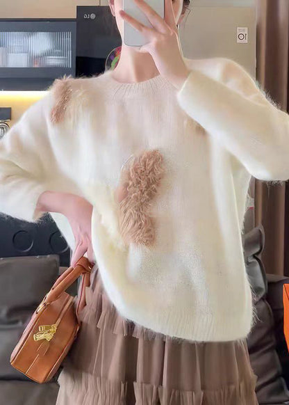 French White O Neck Butterfly Hook Flower Knit Sweaters Fall