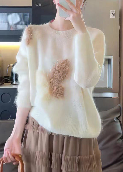 French White O Neck Butterfly Hook Flower Knit Sweaters Fall