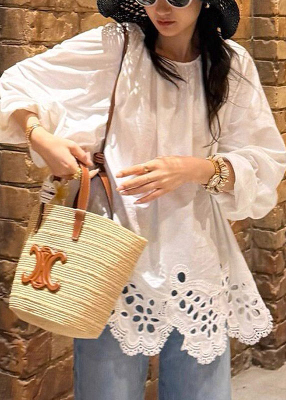 French White O-Neck Embroidered Hollow Out Top Lantern Sleeve