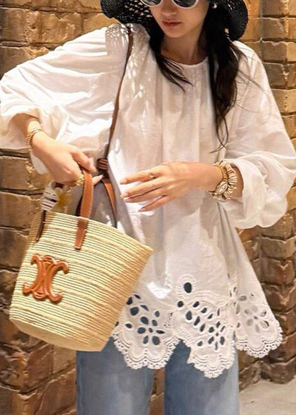 French White O-Neck Embroidered Hollow Out Top Lantern Sleeve