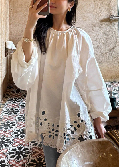 French White O-Neck Embroidered Hollow Out Top Lantern Sleeve