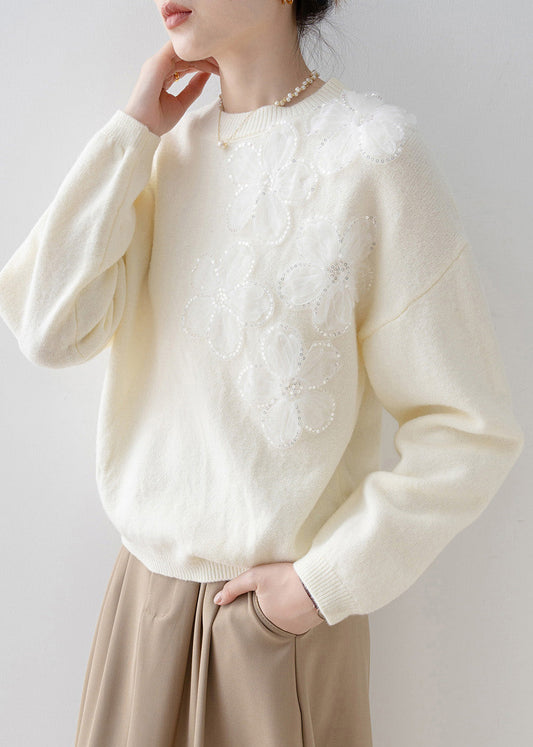 French White O Neck Floral Sequins Knit Sweater Tops Spring