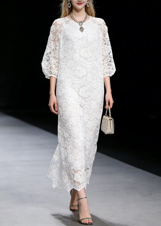 French White O Neck Hollow Out Lace Long Dress Summer