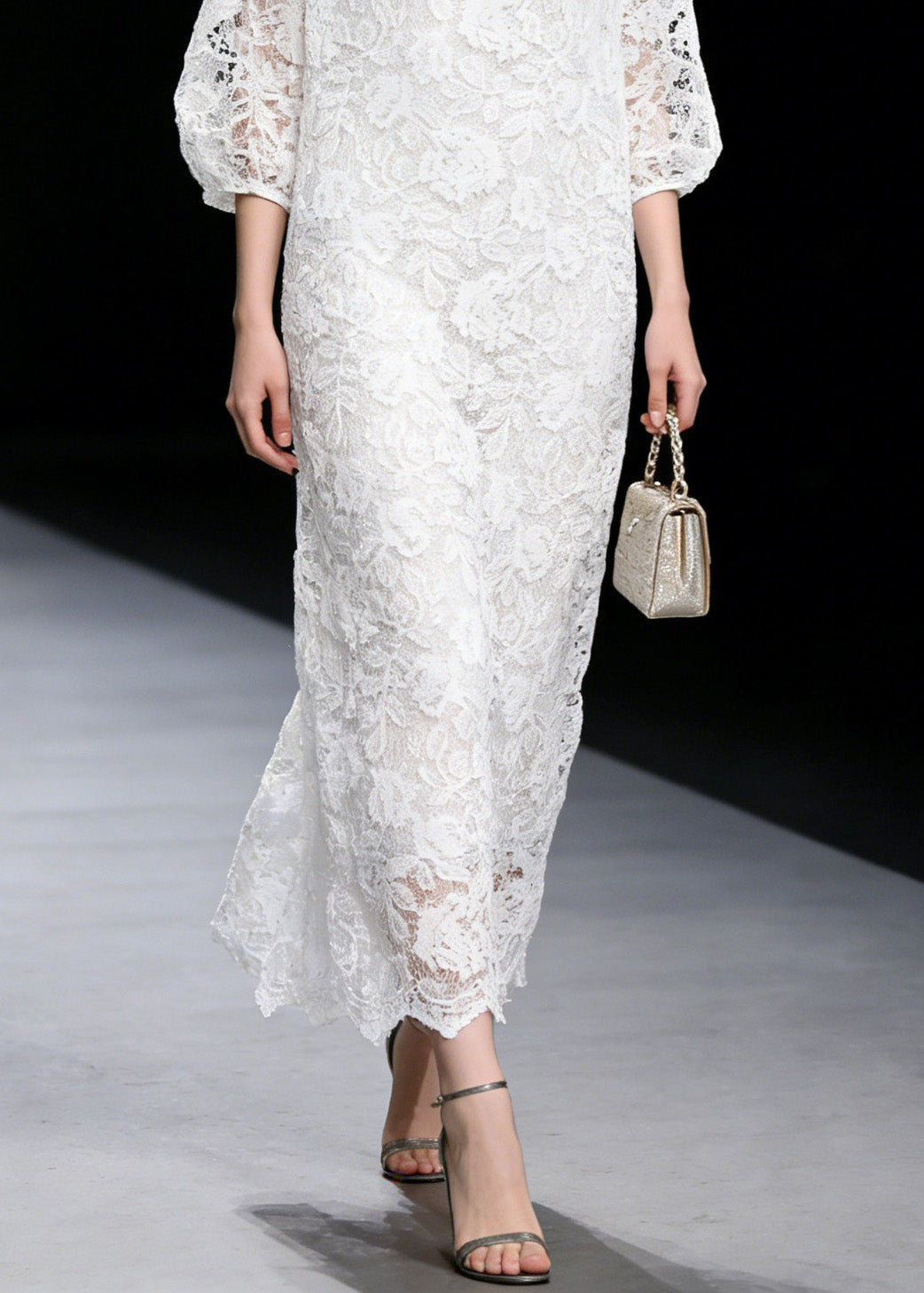 French White O Neck Hollow Out Lace Long Dress Summer