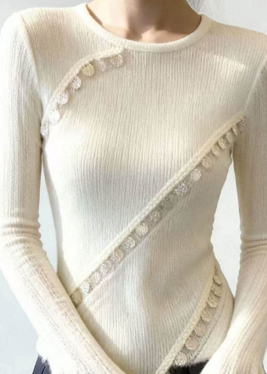 French White O Neck Patchwork Knit Sweater Top Flare Sleeve