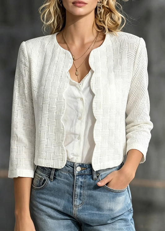 French White O-Neck Solid Cardigans Three Quarter Sleeve